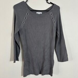 New York & Company Gray Ribbed Knit Small Long Sleeve Top with Grommets - Women